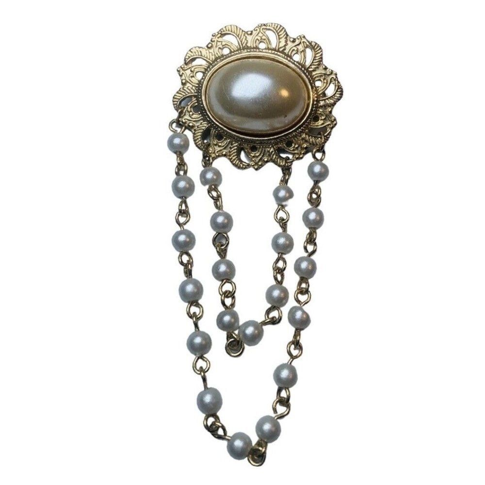 Victorian Style White Faux Pearl Station Dangle Chain Gold Tone Brooch Pin 2”